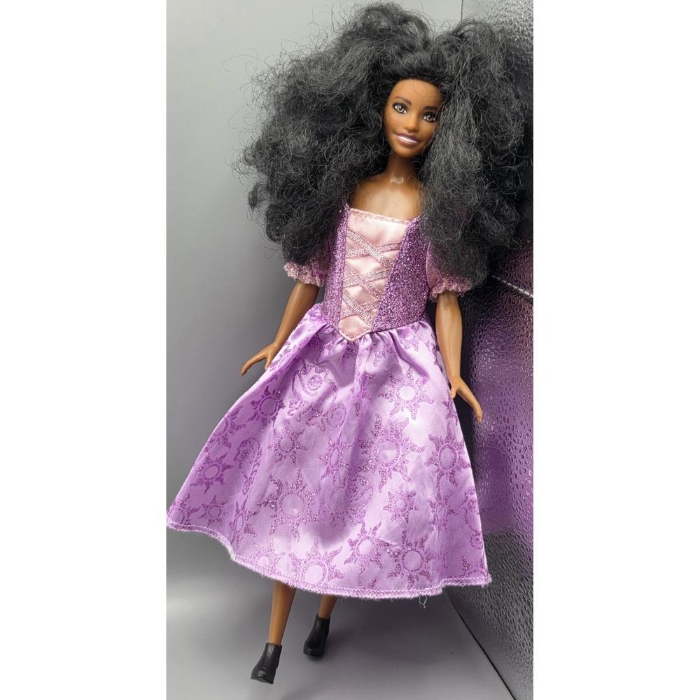 Mattel Barbie Doll 2021 Black Hair Disney Rapunzel Purple Dress Shoes 12in